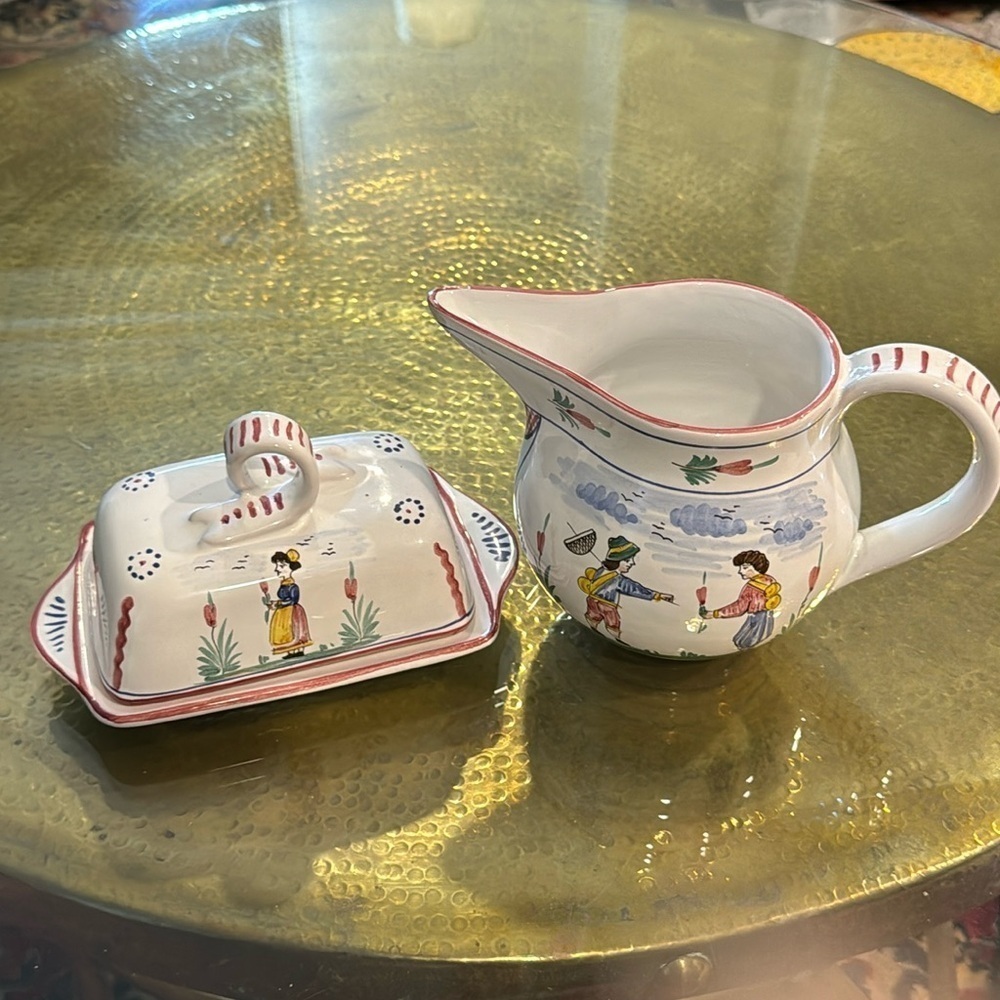Vintage  Italian Pitcher & HandPainted Quimper Style & Butter dish Italy